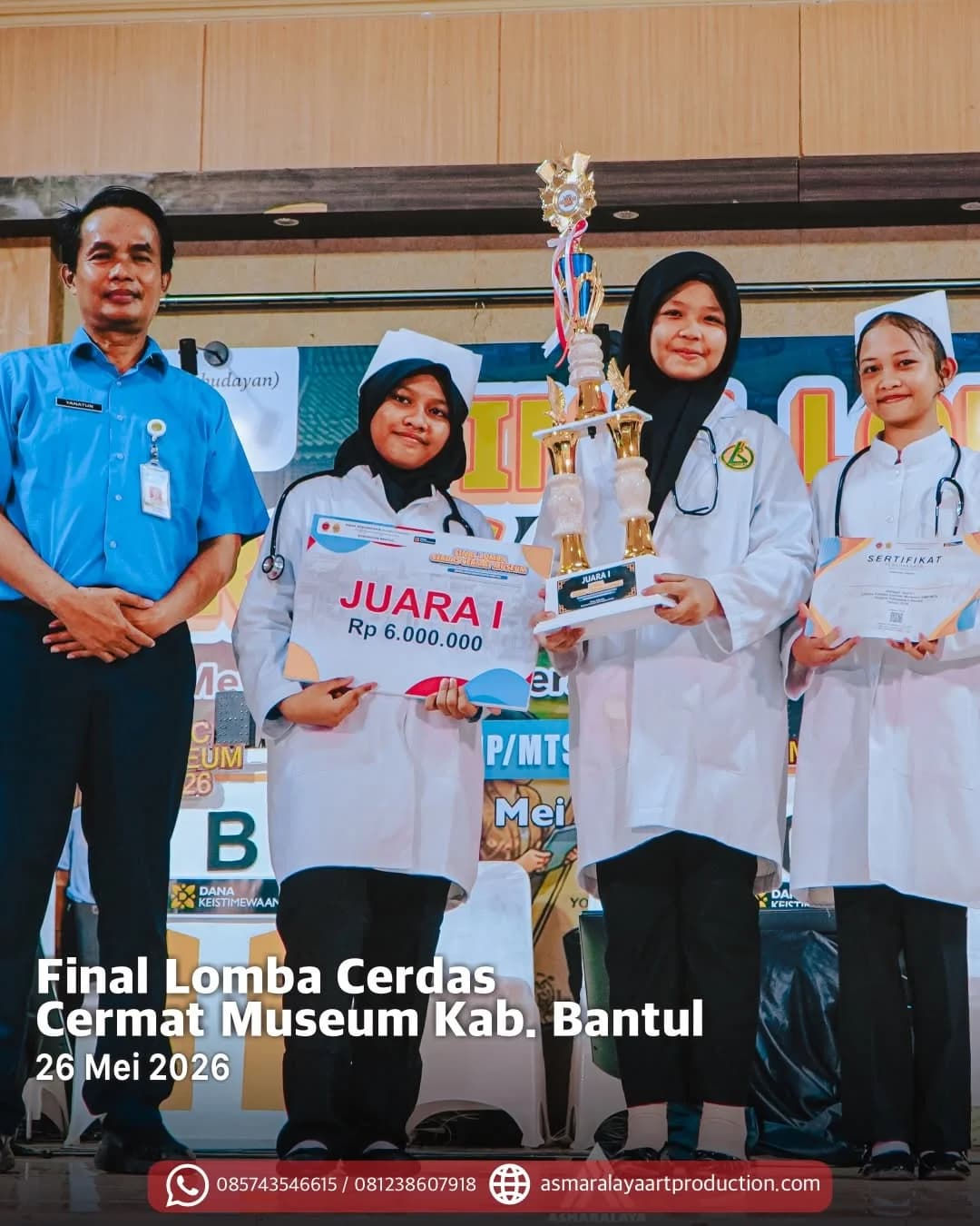 Final Lomba Cerdas Cermat Museum Kabupaten Bantul 2026
Acara yang di selenggarakan oleh @disbudbantul ini sanggat menarik dan seru 🤩 
. 
Selamat kepada pemenang 🥇 dan semangat selalu yang belum menang 🙌 
.
Equipment :
- Lighting 
- Sound Sistem 
- Genset 
- Live Streaming 
- Meja Kursi VIP 
- Round Table 
- Properti Backdrrop
- Properti Fotobooth 
- Properti Meja Lomba 

Terima kasih @disbudbantul sampai jumpa di Lomba Cerdas Cermat Museum tahun depan 🏅🔥🏆

.
#asmaralaya